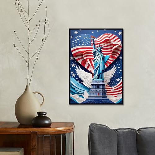 Image of Independence Day Statue of Liberty Diamond Painting Kits for Adults, American Flag Patriotic and Freedom 5D Diamond Art Kits for Adults, DIY Full Drill Round 4th of July Wall Decor 12x16 Inch