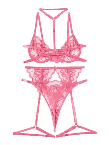 Image of Lilosy Sexy Choker Floral Lace Scallop Sheer Underwire Push Up Garter Belt Lingerie Set 3 Piece