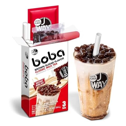 J WAY Instant Boba Bubble Pearl Milk Tea Kit with Authentic Brown Sugar Tapioca Boba, Ready in Under One Minute, Paper Straws Included - 3 Servings Cover