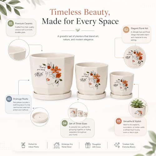 Image of Xtore Artistic Floral Face Ceramic Planter Set with Drainage Saucers | Decorative Planter Pot for Living Room, Balcony & Contemporary Plant Styling (Set of 3, Ivory Beige - Planters only)