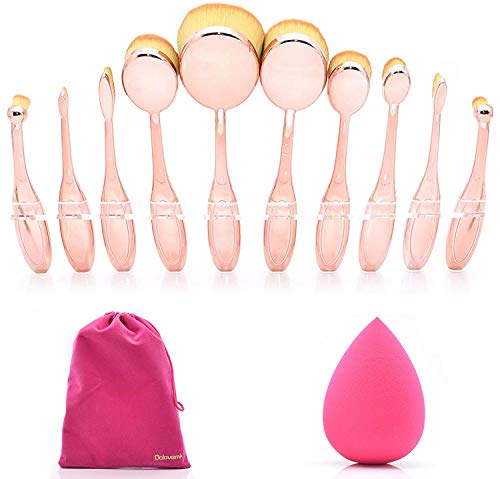 Dolovemk Oval Makeup Brush Set 10 PiecesBlending Brush for Eyeshadow/Foundation/Blush,Professional Makeup Brushes for Concealer/BB Cream,Beauty Sponge Blender+Cosmetic Bag(Rose Gold)