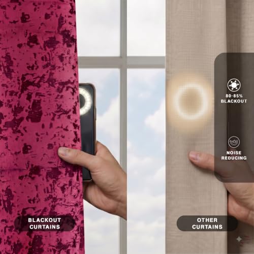 Image of IVAZA Royal Burnout Velvet Eyelet Curtains - Textured Door Curtain | 70-80% Blackout Curtains for Door | Heavy Premium Drape | Modern Luxury, Door Curtain 7 feet Set of 2 Wine