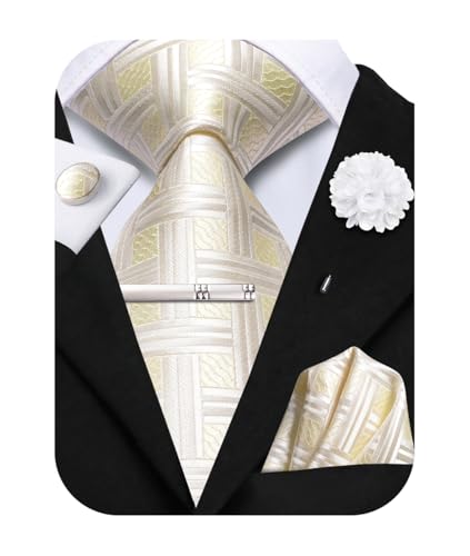 Image of Hi-Tie Beige Yellow Plaid Men's Dress Tie Sets Silk Woven Neckties and Pocket Square Lapel Pin Silver Tie Clip Cufflinks Set Wedding Business 6PCS