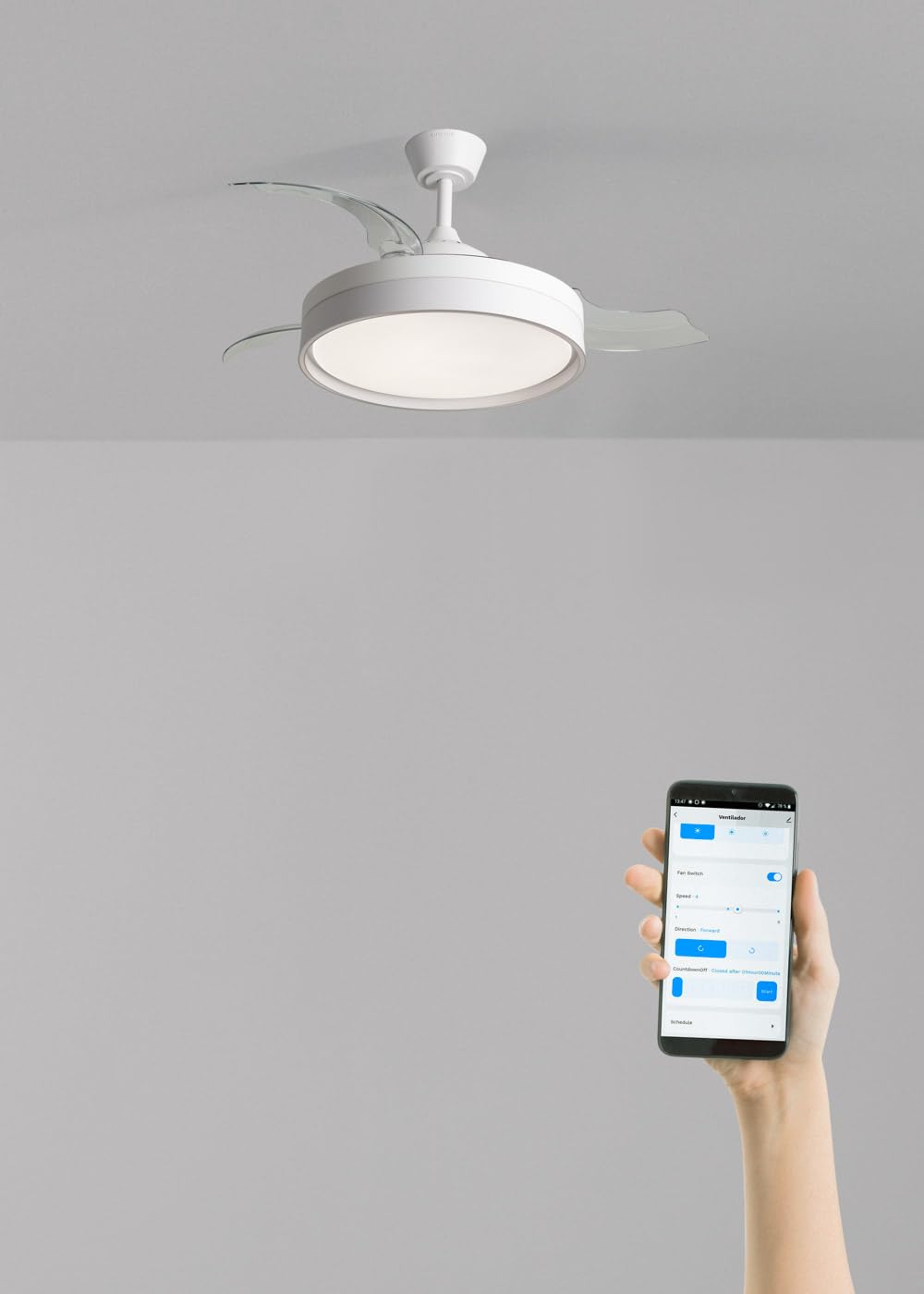 CREATE / WIND CLEAR EDGE/Ventilatore da soffitto con luce bianco con telecomando e Wifi / 40W, Silenzioso, Ø107 cm, 6 velocità, pale retrattili, funzione estate-inverno, luce led 3 temperature