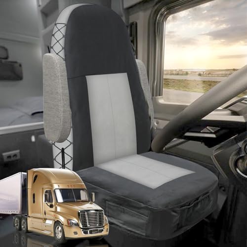 Front Truck Seat Cover Universal for Freightliner Cascadia/F650/F750/Volvo/Kenworth Black & Gray 900D Canvas Anti-Slip Driver Seat Cover with Plenty of Pockets Edge Wrapping Front Truck Seat Covers