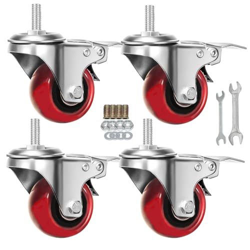 Image of Heavy Duty Stem Caster Wheels M10-1.5X25mm Dual Locking No Noise PVC Threaded Stem Caster Wheels Pack of 4 for Workbench, Dolly, Furniture (2 Inch, Red)