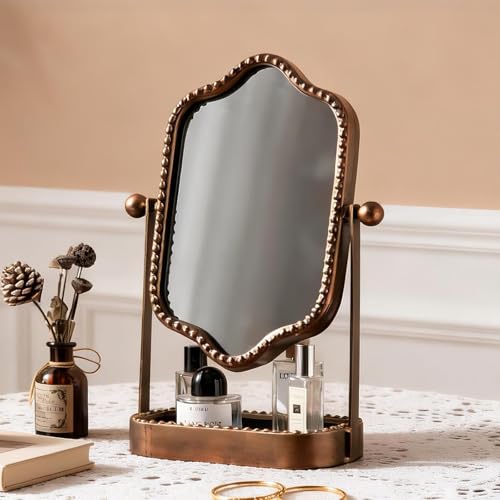 HuiDao Vintage Makeup Mirror with Tray 360 Rotatable Antique Table Vanity Mirror with Stand Metal Retro Desktop Dressing Mirror for Home Decor Countertop Bedroom Bathroom Living Room