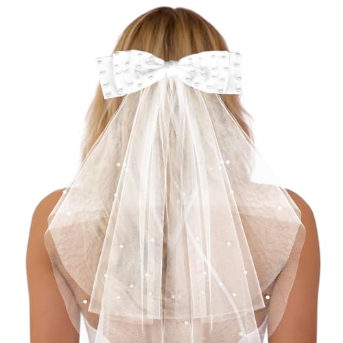 AMCAMI White Bow Pearl Wedding Veil for Bride Short Tulle Headpiece with Pearls Bachelorette Veil for Bride to Be First Communion Veils Bridal Hair Accessories & Party Essentials