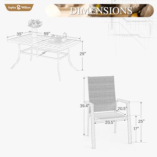 Image of Sophia & William Outdoor Dining Set 7 Pieces, 6 x Aluminum Stackable Chair for Space-Saving and 59 inch x 35 inch Patio Dining Table, Easy to Move for Outdoor Garden Lawn (Grey)