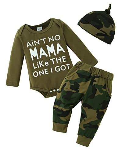 Image of DISAUR Baby Boy Clothes 3-6 Months Newborn Boy Outfits, Infant Letter Print Romper+Long Pants+Hat 3PC Infant Clothing Set(6M,Army Green)