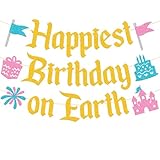 Happiest Birthday on Earth Banner Princess Bday Party Decorations Girls Kids Castle Birthday Baby Shower Party Supplies (Gold)