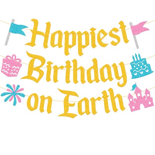 Happiest Birthday on Earth Banner Princess Bday Party Decorations Girls Kids Castle Birthday Baby Shower Party Supplies (Gold)