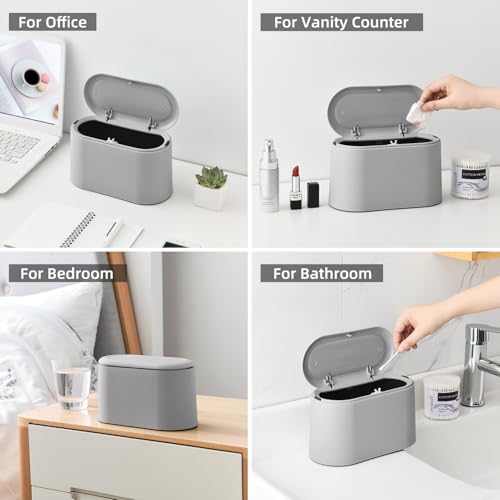 Image of SUBEKYU 0.5 Gal Mini Countertop Trash Can with Lid for Desktop, Small Garbage Can for Office, Tiny Wastebasket, Plastic, Light Grey