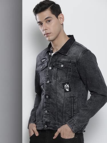 Image of The Indian Garage Co Men Black Slim Fit Solid Denim Trucker Jacket