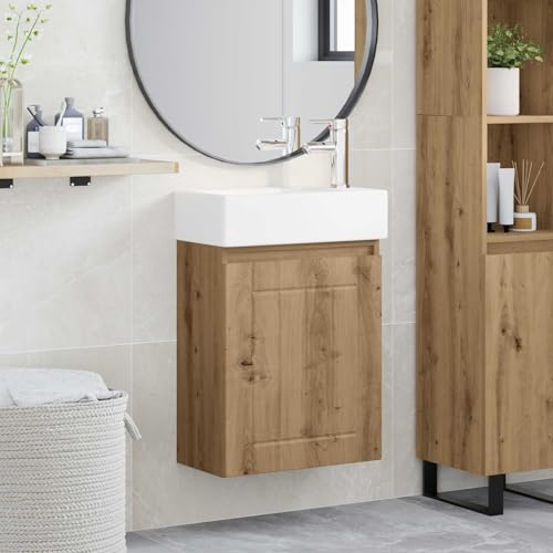 Mueble de lavabo de roble con grifo y seno cerámico suspendido 2