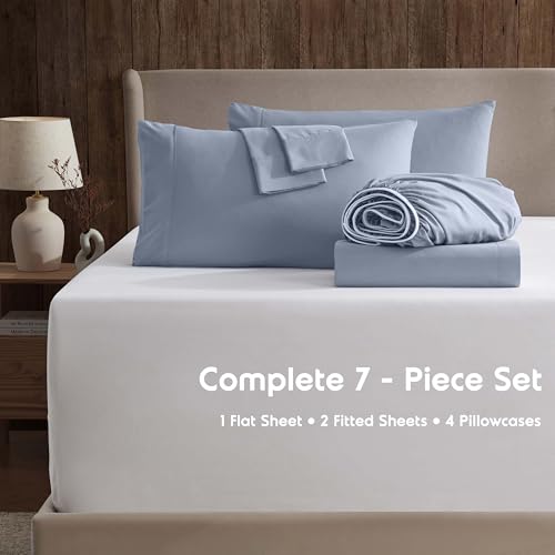 Image of Nestl Extra Deep Split King Sheet Set - 7 Piece Breathable & Cooling Sheets - Hotel Luxury Bedding Set w /18-24 Inch Deep Pockets - Easy & Secure Fit - Super Soft, Wrinkle Free & Comfy - Stone Blue
