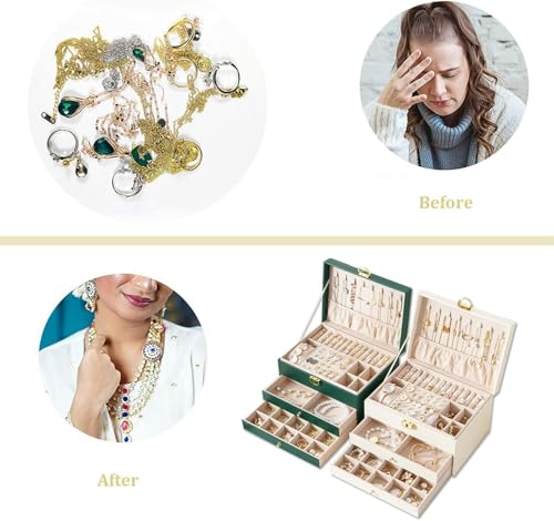 Image of Aihoye Jewelry Box For Women Girl Wife 3 Layers Large Pu Leather Jewelry Organizer Storage Case With Two Drawers Display For Earrings Bracelets Rings Watches Design Jewelry Box (Green)