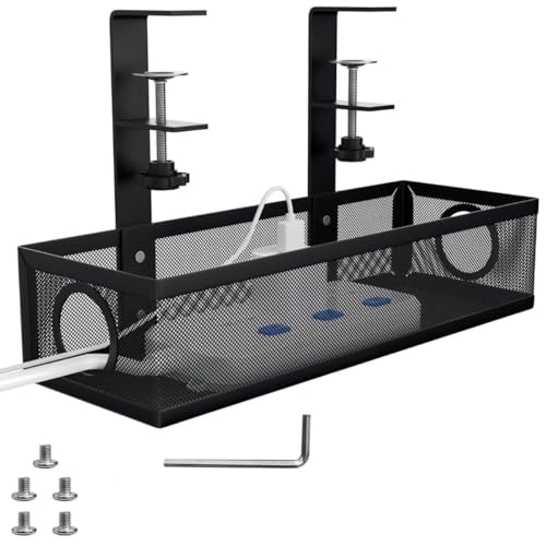 Image of Shantanu Adjustable Under Desk Cable Organizer Rack (Black) - Metal Wire Management Tray for Power Strips, Extension Cords & Cables - Clamp-On or Screw-Fixed Desk Holder for Home & Office Tray