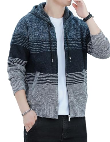 Image of Kinkia Men's Zip Up Hoodies Casual Long Sleeve Full Zipper Sherpa Fleece Lined Knit Cardigan Sweater Jacket with Pockets