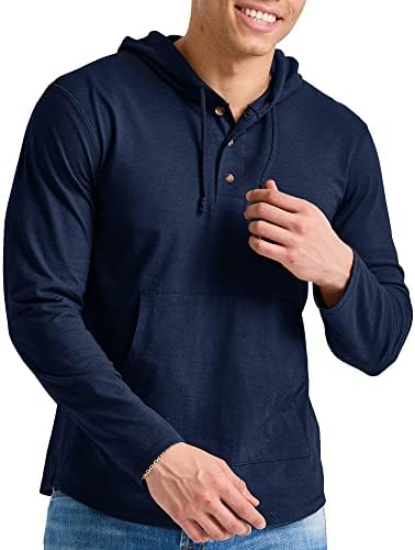 Hanes Men's Originals Tri-Blend Jersey, T-Shirt Hoodie with Henley Collar, Athletic Navy PE Heather, Medium