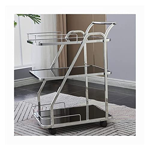 FGVDJ Chrome Metal Bar Wine Tea Serving Cart with Tempered Glass Universal Casters, Leveling Feet Glass Serving Trolley Storage Trolley with Wine Rack