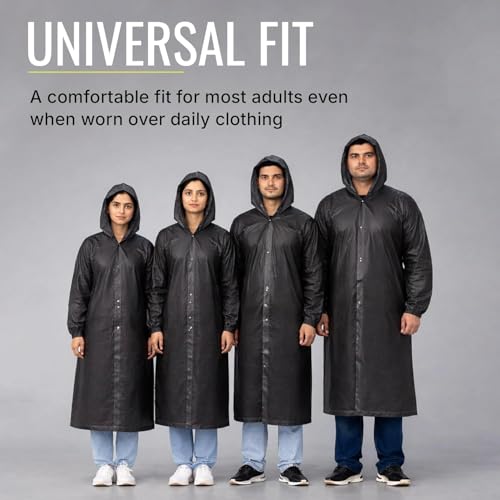 Image of EVA Reusable Raincoat with Hood (Black) - Pack of 1 | Elasticated Full Sleeves Outdoor Waterproof Raincoat for Men & Women | Rainwear | Button Closure | Knee Length | Universal Fit