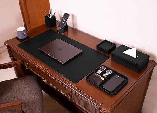 Image of V-CUBE Designs Premium Vegan Leather Executive Set of 6| Multipurpose Personal Desk Organizer| Desk Mat | Valet Tray| Tissue Holder | Pen Holder| Coaster | Mobile Stand for Office Table & Home - Black