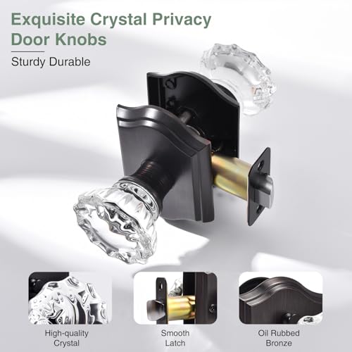 Crystal Door Knobs, Oil Rubbed Bronze Glass Door Knobs Interior Rose Shape with Lock Privacy Function, Vintage Antique for Bedroom Bathroom