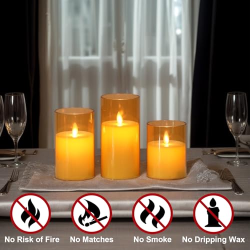 Image of Gold Glass Flameless Candles with Remote Timer Moving Wick Battery Operated LED Flickering Pillar Candles Plastic Dinner Wedding Christmas Holiday Decor D3 x H4, 5 inch, 6 inch