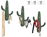 Set of 3 - Cast Iron Cactus Double Wall Hooks/Hangers - Decorative Wall Mounted Hooks for Coats, Bags, Towels and More - w/Screws and Anchors Included - Rustic Green Color