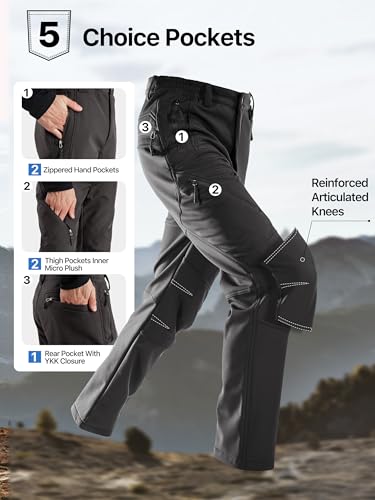 Image of FREE SOLDIER Men's Fleece Lined Outdoor Cargo Hiking Pants Water Repellent Softshell Snow Ski Pants with Zipper Pockets