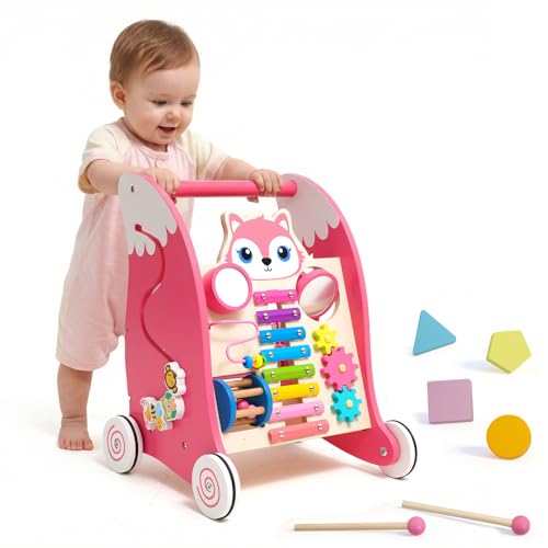 Chariot de marche en bois pour jeunes enfants, trotteur multifonctionnel avec plateau de jeu et musique, avec jouets en bois Activity Center, apprendre à...