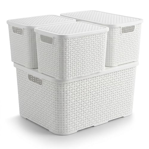 Kit 4 Caixas Organizadoras Rattan com Tampa – Organizador de Armário Multiuso (18L + 7L + 2x 3,5L) Cesto Organizador para Banheiro, Closet, Cozinha e Lavanderia - Monte Líbano (Branca)