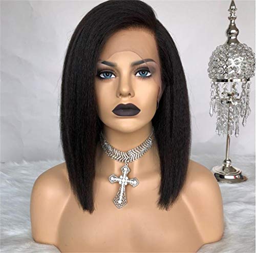 Cbwigs Glueless Brazilian Remy Short Bob Kinky Straight Lace Front Wig Italian Yaki Human Hair Wigs 150% Density (12" Bleached Knots with Fake Scalp, Natural Color)