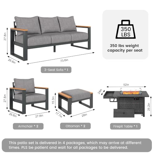 Image of Sundale Outdoor Aluminum Patio Furniture Set, 6 Piece Outdoor Conversation Sets with Fire Pit and 6 inch Thick Olefin Cushions, All Weather Outdoor Sectional Set for Deck, Lawn, Yard