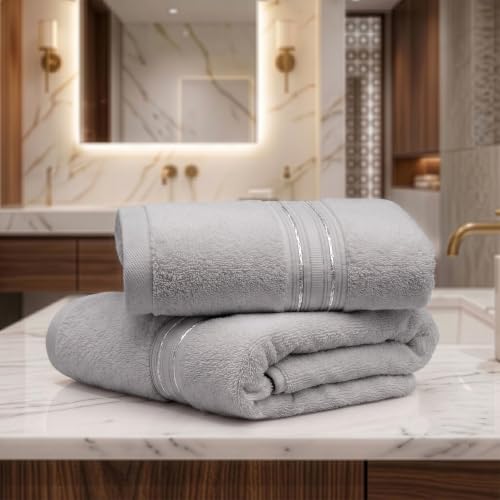 Image of LANE LINEN 575 GSM 100% Cotton Hand Towel 2PC - Silver | Zero-Twist Weave, True 60x40cm Each, Quick Dry & Absorbent, Ideal for Gym & Daily Use