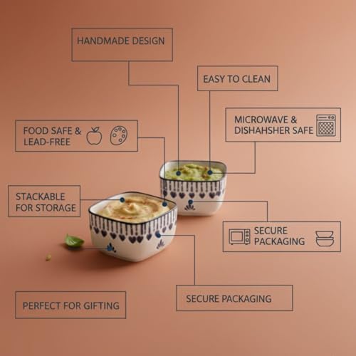 Image of Ceramic Dip Bowl Set of 2, White with Blue Heart Pattern, Square Shape, 40 ML Capacity, Decorative Serving Dishes for Sauces, Condiments and Appetizers