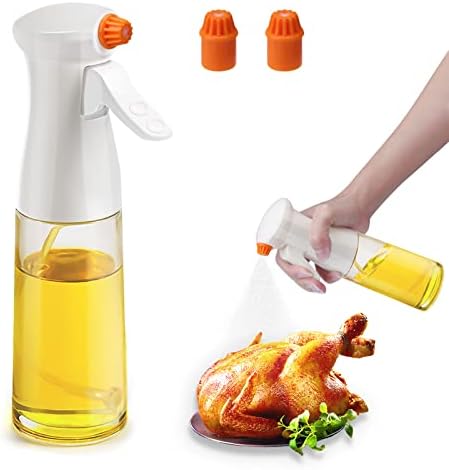 Oil Spray Bottle, Oil Dispenser and Vinegar Sprayer with 3 Replaceable Nozzle 6.8oz/200ml Glass Cooking Oil Preparation Dispensers for Kitchen Cooking Air Fryer Salad Baking BBQ (White)