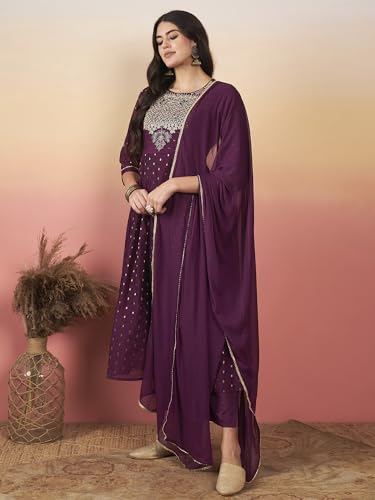 Image of INDO ERA Silk Wine A-Line Embroidered Kurta Trouser With Dupatta Set For Women