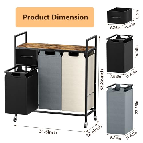 Laundry Hamper - Laundry sorter 3 Section 145L - Laundry Room Organization with 4 Pull-Out Drawers, Removable Oxford Bags, Lockable Wheels & Sturdy Shelf for Laundry Room, Bathroom, Bedroom - Image 6