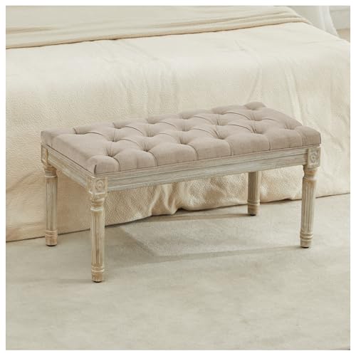 LOULENS French Vintage Bench, Linen Fabric Entryway...