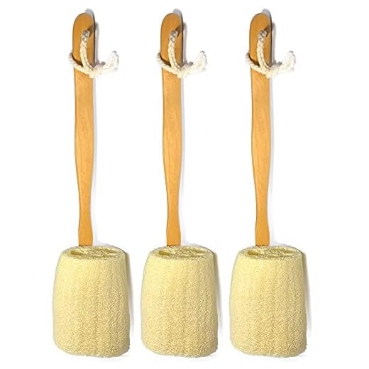 Pacote com 3 escovas de banho esfoliantes naturais bucha luffa loofa em um palito - com alça de madeira longa escova traseira para homens e mulheres - esponja de chuveiro esponja corporal para costas