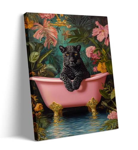 Black Leopard Oil Painting - Maximalist Bathroom Wall Art, Black