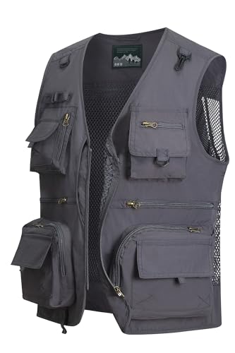 MeiLayM Mens Outdoor Fishing Vest Multi Pocket Utility Gilet Casual Breathable Photography Waistcoat Quick Dry Sleeveless Jackets Tops Camping Hunting Vest Grey,XXL