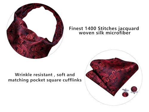 Image of Barry.Wang Ascot Ties Cravat Tie Men Paisley Plaid Scarf Self Tie Pocket Square Cufflinks Set Wedding Party