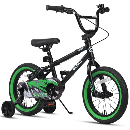 Glerc Kids Bike for Ages 3-5 Years Old 14 Inch BMX Style Kids Bicycle with Training Wheels Boys Bike for Children and Toddler Black and Green