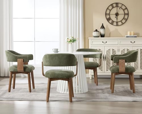 Green Upholstered Dining Chairs Set of 4, Mid Century Modern Dining Room Chairs with Wooden Legs and Armrest, Chenille Fabric Barrel Kitchen Chairs for Kitchen/Living Room