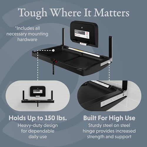 Foundations Elements Horizontal Wall Mounted Baby Diaper Changing Station & Liner Dispenser, Oversized Changing Surface, One Person Insallation, Black (300-EHLD-02)