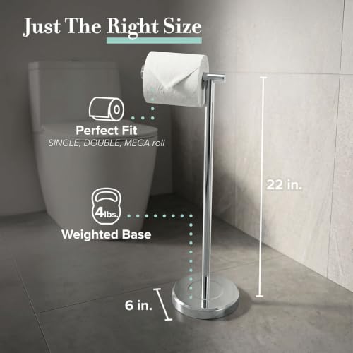 Image of Gatco 1437C Latitude II Freestanding Toilet Paper Holder, Chrome Bathroom Tissue Roll Stand with Modern Floor Standing Design