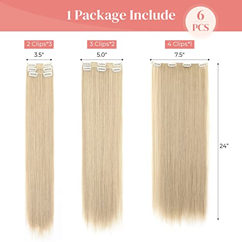 6Pcs Clip In Hair Extensions, Lonai 24" Long Straight Synthetic Clip On Hairpiece For Women Natural Ash Blonde #TOP1